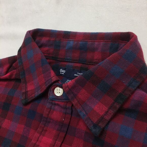 GAP FLANNEL Shirt Men S Cranberry Burgundy Check Plaid Slim Fit Autumnal Grunge - Picture 5 of 16